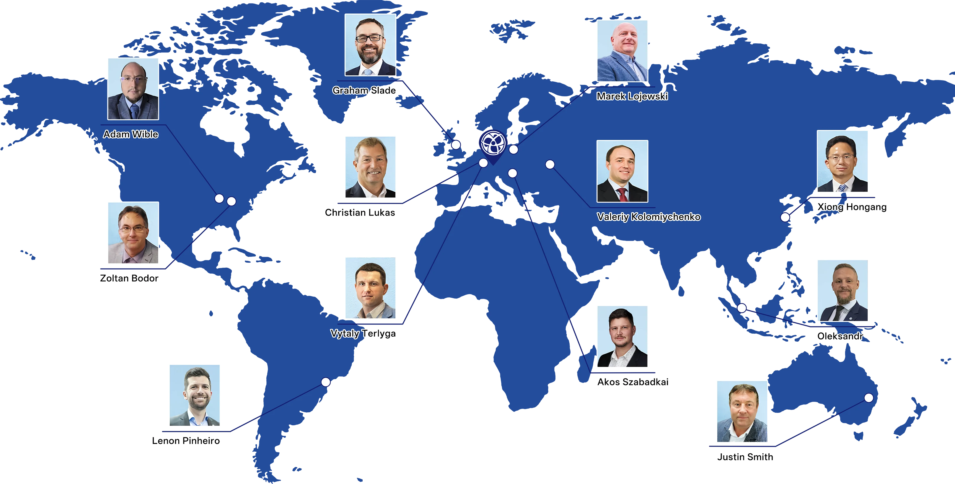 page-1-1 World map showing Blauberg Group regional contacts across Germany, Ukraine, Poland, Hungary, China, USA, Brazil, Japan and Australia